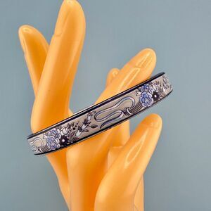 Vintage Signed Michaela Frey Blue White Enamel Bangle Bracelet Flowers Ribbons